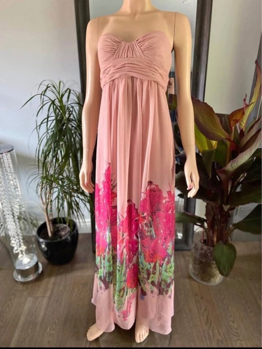 NWT: Aqua Full Length Pink Shimmer Floral Print Pleated Strapless Empire Formal